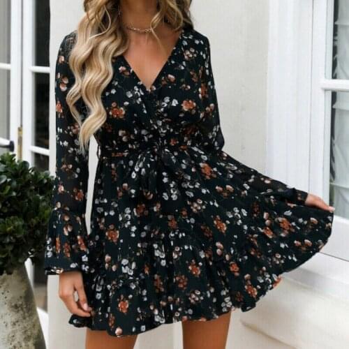 Women Autumn Long Sleeve Sexy Mini Dress 2020 New Ladies Casual V-Neck Short Summer Floral Dresses