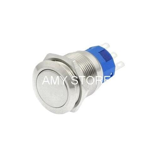 1NO 1NC AC 250V 5A 3 Pins SPDT 19mm Mounting Hole Latching Maintained Flat Head Stainless Round Metal Push Button Switch