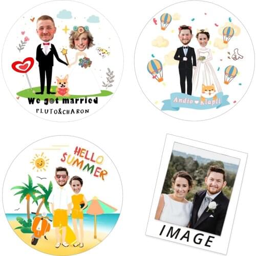 2.5-7cm New Design Cartoon Wedding Stickers Personalize Photo Stickers Bride And Groom Image Label Candy Gift Sticker DIY Decor