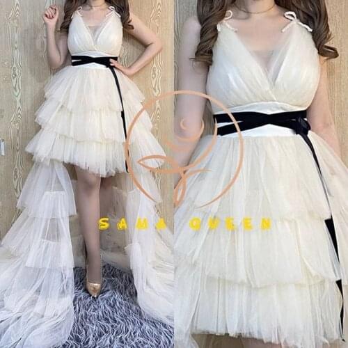 2021 White High Low A-Line Party Dresses Women Evening Sexy V-neck Tutu Prom Dress Wedding Evening Dress L4246