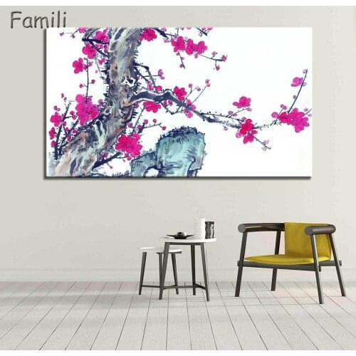 Chinese Landscape canvas paintings Plum blossom and boat canvas pictures vintage home decorative on the wall art for living room