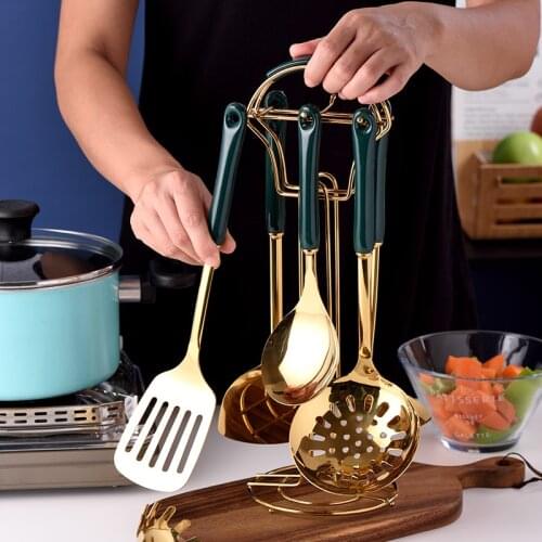 6pcs Stainless Steel Spatula Spoon Ceramic Handle Kitchen Tools Set Kitchen Accessories Cooking Utensils Set With Storage Shelf