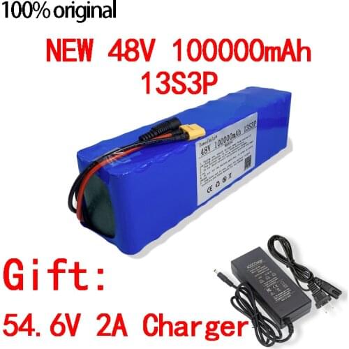 New 48V 100000mAh 1000w 13S3P XT60 48V Lithium ion Battery Pack 100Ah For 54.6v E-bike Electric bicycle Scooter with BMS+charger