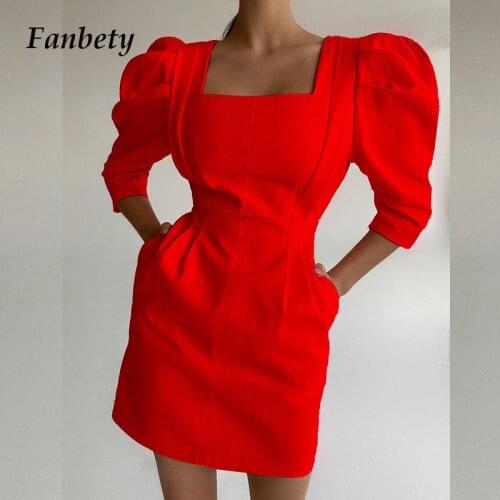 Autumn Puff Shoulder Cotton Dresses Women Square Collar Pocket Mini Dress Spring Ladies Elegant Solid Color Party Dress Vestido