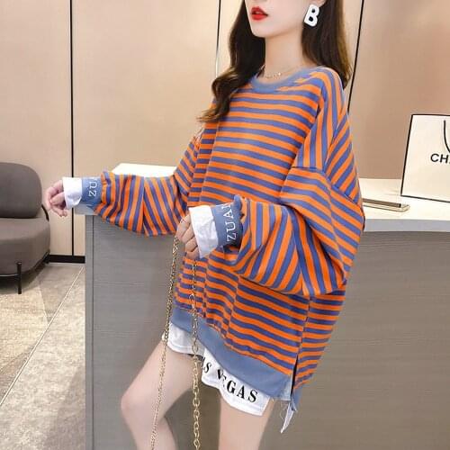 Autumn Long-sleeved Striped Top Loose Fake Two-piece Striped Lazy Style Sweater Hoddies Streetwear Women Sweatshirt