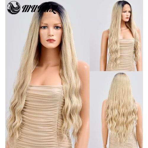 Blonde Ombre Body Wave Synthetic Lace Front Wigs For Black Women Middle Parting Natural Female HairHeat Resistant Fiber Wig