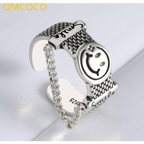 QMCOCO 925 Sterling Silver New Fashion Punk-Style Party Jewelry Women Lovers Creative Geometric Smile-Face Adjustable Rings