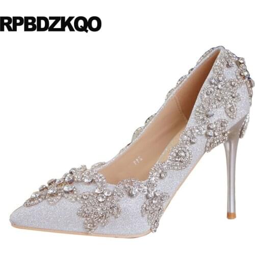 Rhinestone extreme thin diamond fetish big size evening women pointed toe super ultra 8cm pumps female crystal high heels shoes