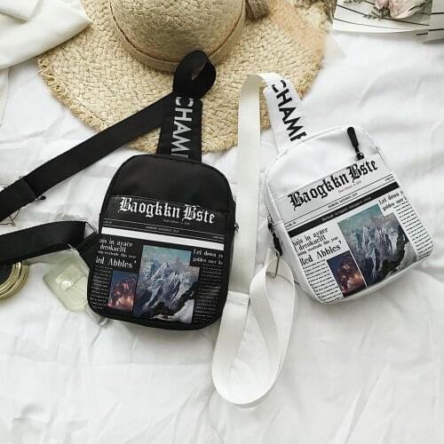 Fashion Newspaper Print Design Women Fanny Bag Nylon Casual Chest Pack Crossbody Bag Zipper Phone Purse Messenger Shoulder Bag