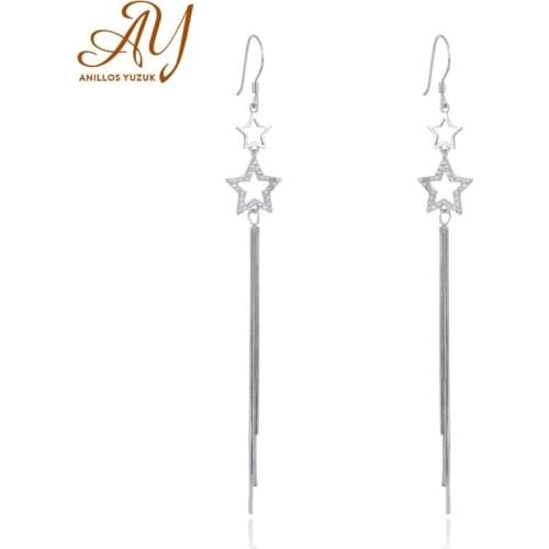Anillos Yuzuk High-quality 925 Sterling Silver Tassels Stars Long Drop Earring For Women Weeding Party Clear CZ Luxury Jewelry
