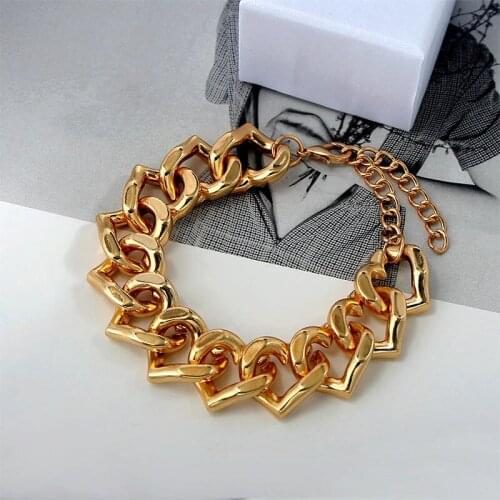 Flatfoosie Gold Silver Color Metal Bracelets Bangles For Women Hollow Heart Geometric Link Chain Bracelets Punk Hip Hop Jewelry