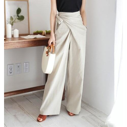 Women Soft Female Wide Leg Pants Loose Solid Trousers femme 2020 Spring Summer High Waist Lace-up Casual Flax Pants