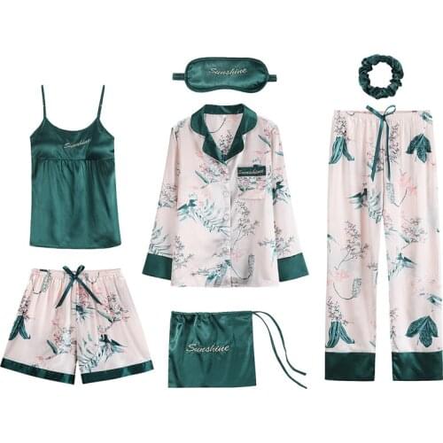 Women Pajama Sets 7 Pieces Sleep & Lounge Suit 2021 Summer Silk Sexy Striped Long Sleeve Set Shorts Lingerie pyjamas