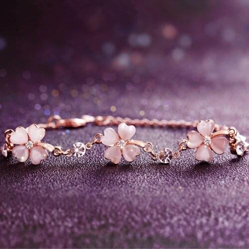 Opal Pink crystal gemstones chain bracelets for women femme zircon diamonds Rose gold jewelry bijoux mujer cute girlfriend gifts