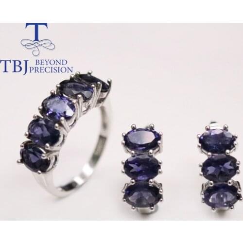 Classic Natural Blue iolite Jewelry set clasp earring Ring oval 5*7m real gemstone 925 sterling silver for women nice gift