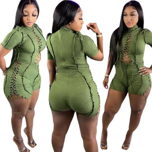 Sexy Jumpsuits Shorts For Women Bandage Raw Edge Solid Color Bodysuit Jumpsuit Summer Clothing 2021 New Fashion Street Casual