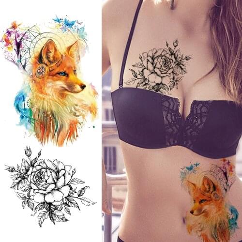 Watercolor Fox Temporary Tattoos Sticker Fake Dreamcatcher Flower Waterproof Tattoos Women 's Fashion Body Art Arm Wasit Tattoos
