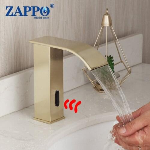ZAPPO Bathroom Automatic Infrared Sink Faucets Brush Gold Hands Touchless Free Faucet Sensor Tap Hot & Cold Water Mixer Tap