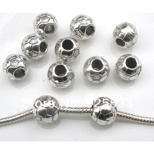 Free shipping 50pcs/lot 12mm dia. big hole antique metal football beads fit European bracelet jewelry DIY