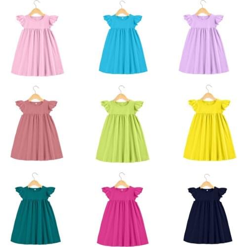 Kids dresses for girls Ruffle sleeve 100% dress baby clothing Pearl boutique dresses for kids plain color 2 years