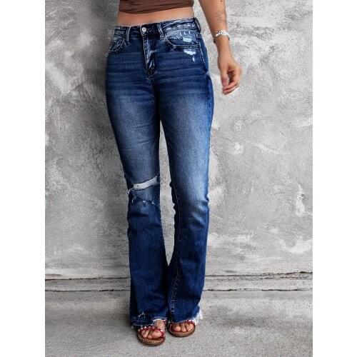 High Waist Denim Jeans For Women Vintage Stretch Slim Flare Jean Pants Ladies Casual Ripped Hole Long Pants
