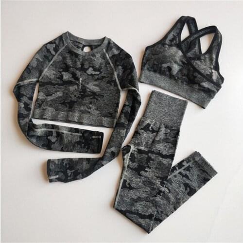 Camo Seamless Yoga Set Sports Wear Women Gym Clothing Fitness Long Sleeve Crop Top+Booty Yoga Leggings+Sport Bra 3PCS Sport Suit