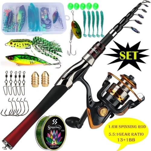 Sougayilang 1.6m Telescopic Spinning Fishing Combo Carbon and 13+1BB High Speed 5.5:1 Gear Ratio Fishing Reel Fishing Combo