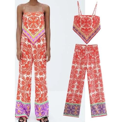 Klkxmyt Za 2021 Summer 2 Pieces Set Women Fashion Print Scarf Top Woman Sexy High Waist Casual Straight Pant Set Woman Suit
