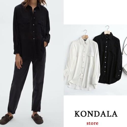 KONDALA High Quality Women Za Cooton T-Shirts White Black Solid Casual Summer MD Long Sleeve Mujer Tops Vintage T-Shirts