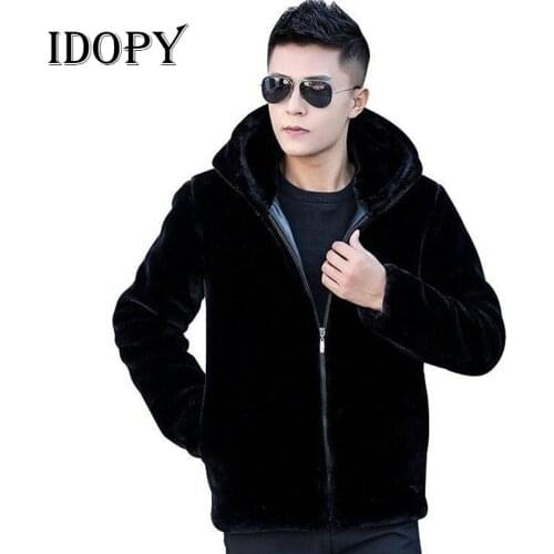 Idopy Mens Fur Coats Winter Warm Men Jacket Fur Parka Hooded Motorcycle Biker Jackets Zipper Cardigan Black Outerwear M-5XL