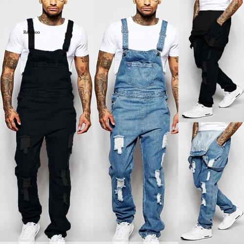 Mens Ripped Denim Overalls Fashion Full Length Suspender Pants Homme Jeans High Street Jumpsuit Distressed Casual Trousers