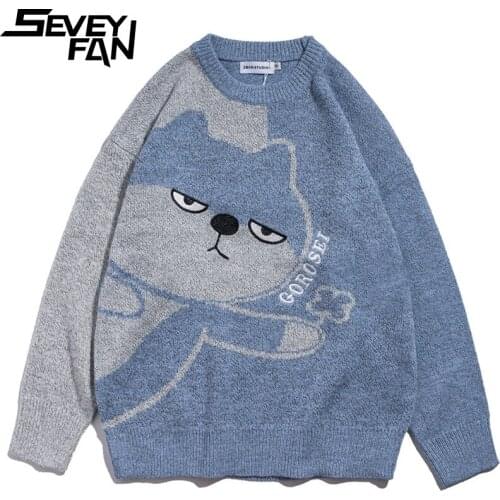 SEVEYFAN Mens Cartoon Bear Jacquard Sweaters Color Contrast Loose Cotton O Neck Kintwear Hip Hop Pullover Sweater for Couples