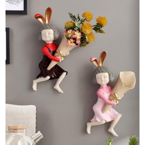 Wall Vase Decoration Home Décor Rabbit Girl Statue wall Décor With Flower Vase Room Décor Vase Wall planter