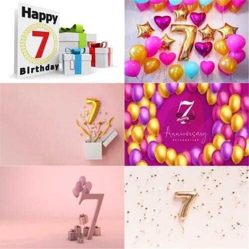 Photo Studio Props Vinyl Photography Backdrop Seventh Birthday Balloon Ribbon Cake Decor Seven Year Old 7St Birthday Decoration