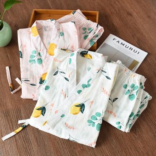 Spring Two Piece Set Summer Women Pijama New Kimono Sleepwear For Women Pure Cotton Loose Style Tops Trousers Pajamas Set