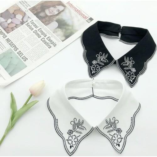 Women Peter Pan Neck Shirt Cotton Fake Collar Tie Embroidery Hollow Lace Flower Lapel Floral False Detachable Collar Blouse Top