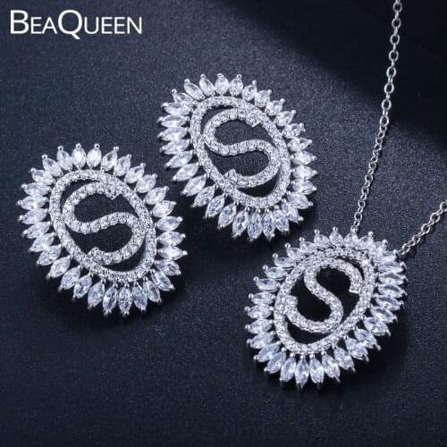 BeaQueen Newest Cubic Zircon Letter Name Earrings Pendant Necklace 2 PCS CZ Crystal Round Jewelry Set for Ladies Gift JS132