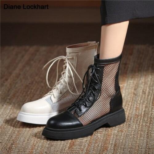 2021 Cool Boots Mesh Lace-up Women Spring Summer Round Toe Platform Ladies Shoes Size 33-43 Brand Design Botines Female Beige