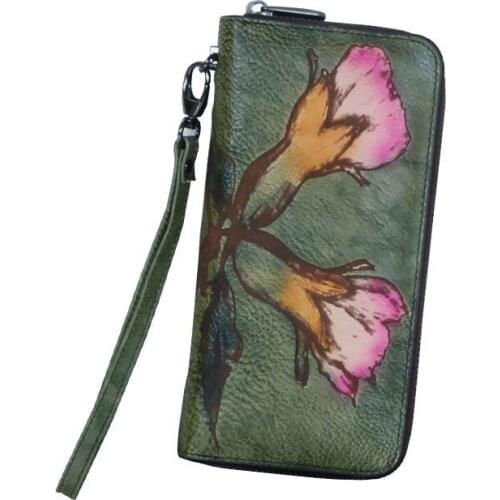 Retro Handmade Luxury Flower Wallet 2020 New Womens Wallets And Purses Genuine Leather Hand Wallet Cowhide Phone Purse
