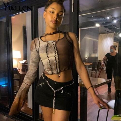 Yiallen 2021 Single Sleeve Patchwork Cut Out Sexy Crop Top Autumn Winter Women Fashion Streetwear Y2k Casual printing T-shirts