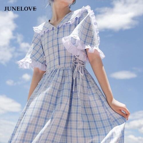 JuneLove Summer Sweet Blue Plaid Dress Women Kawaii Bow Flared Sleeve Bandage Dress Japanese Cute Sailor Collar Long Dresses