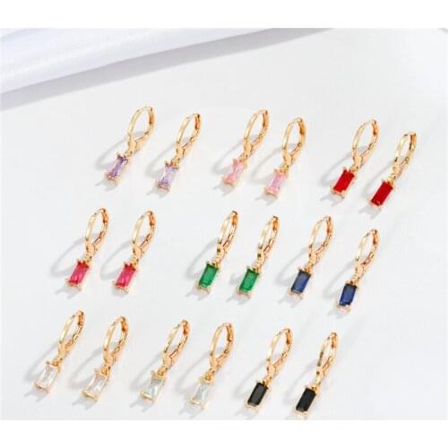 1Pair Colorful Square Crystal Drop Earrings For Women Simple Cute Geometric Pendant Small Hoop Earrings Ear Stud Jewelry E734