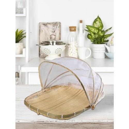 2021 Handmade Bamboo Wicker Basket With Gauze Bug Proof Dustproof Food Fruit Vegetable Bread Basket Cover Bakery Eco-friendly
