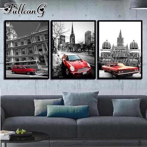 FULLCANG 5d diy diamond embroidery sale red car street scenery painting triptych full square round drill home decor FC3154