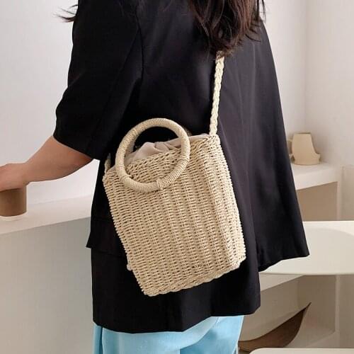 Round Handle Design Straw Rattan Crossbody Bag For Women 2021 Simple Trendy Luxury Summer Solid Color Handbags Female Travel