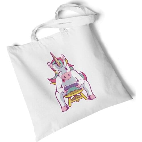 Focal20 Streetwear Unicorn Print Canvas Bag Reusable Shopping Bags Grocery Tote Bag Daily Use Handbags Women Casual Handbag