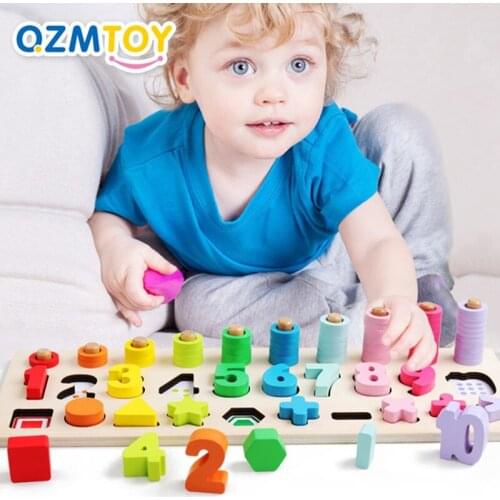 Three In One Puzzle of Number and Shape Matching for Childrens Teaching Aids Wooden Building Blocks Educational Kids Toys Wood