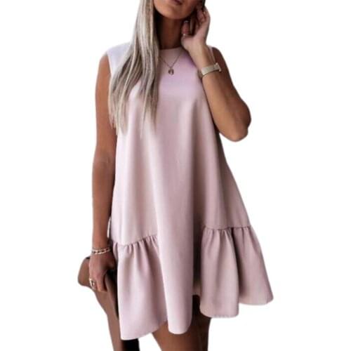 Summer Dress Women Sexy Apparel Solid Color Loose Mini Ladies Sleeveless Ruffle Dress Work Mini Elegant Party Dresses