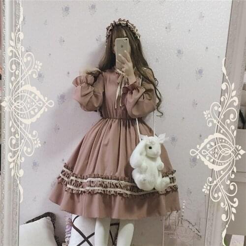 Milk Tea & Black Gothic Victoria Style Cute Womens Lolita Dress Ribbon Bow Thick Chiffon Round Collar Dolly Dress One Piece