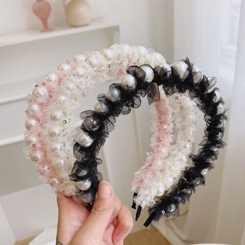 Fashion hair accessories women sequined mesh headband thin side large pearl headbands boutique wlid girl love hair band headwear